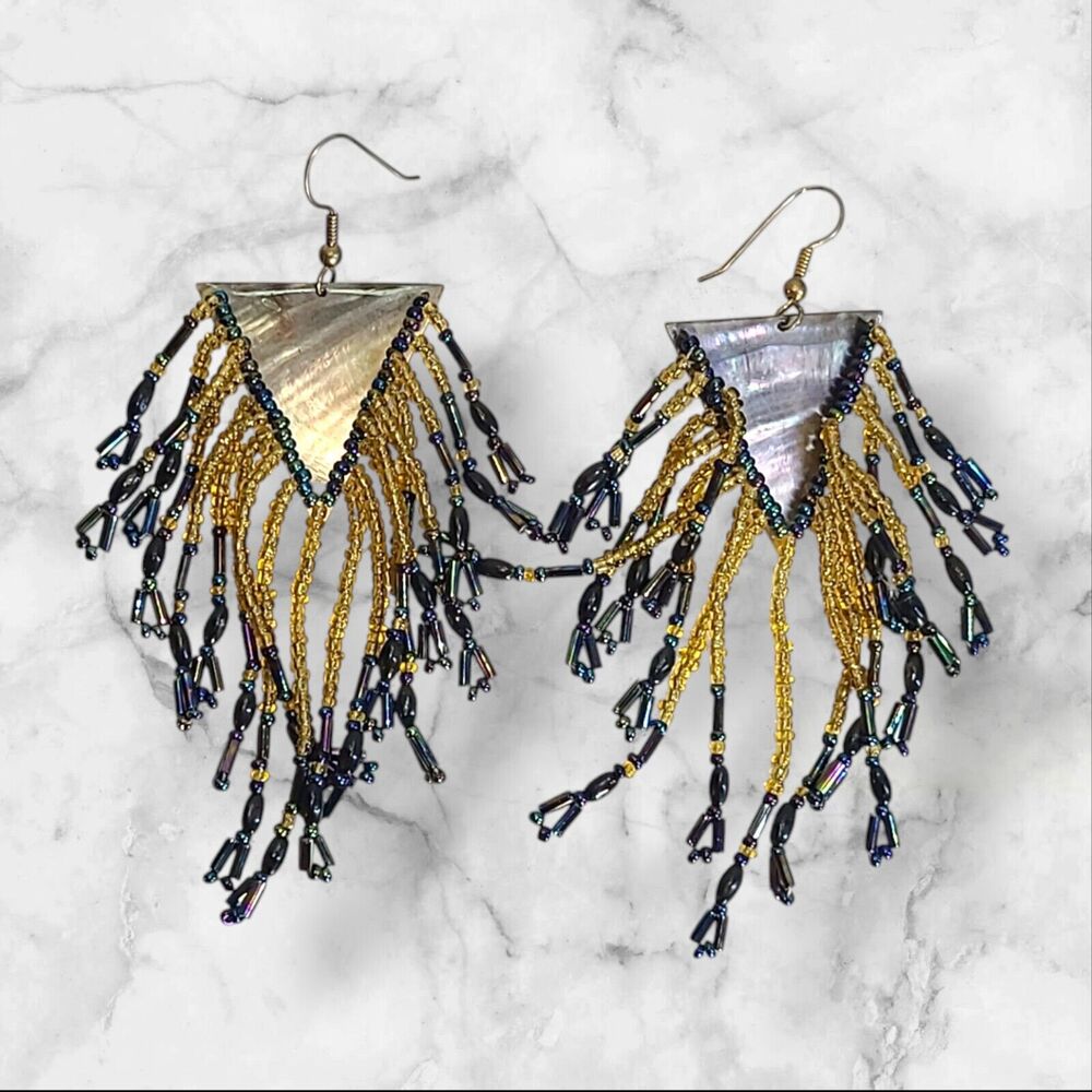 Vintage‎ Big Abalone Shell Glass Seed Bead Chandelier Earrings 4"